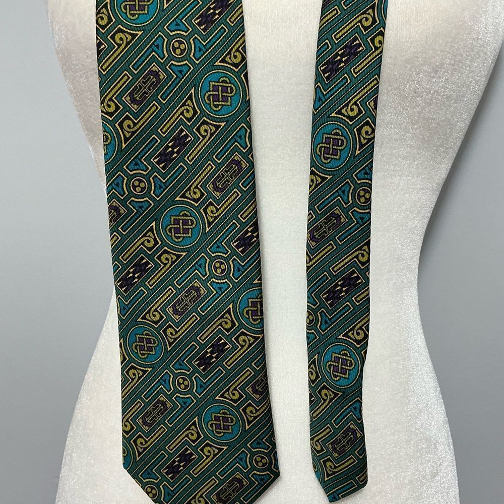 BSL Celtic Geometric Patterned Tie in Teal and Gold made in Ireland